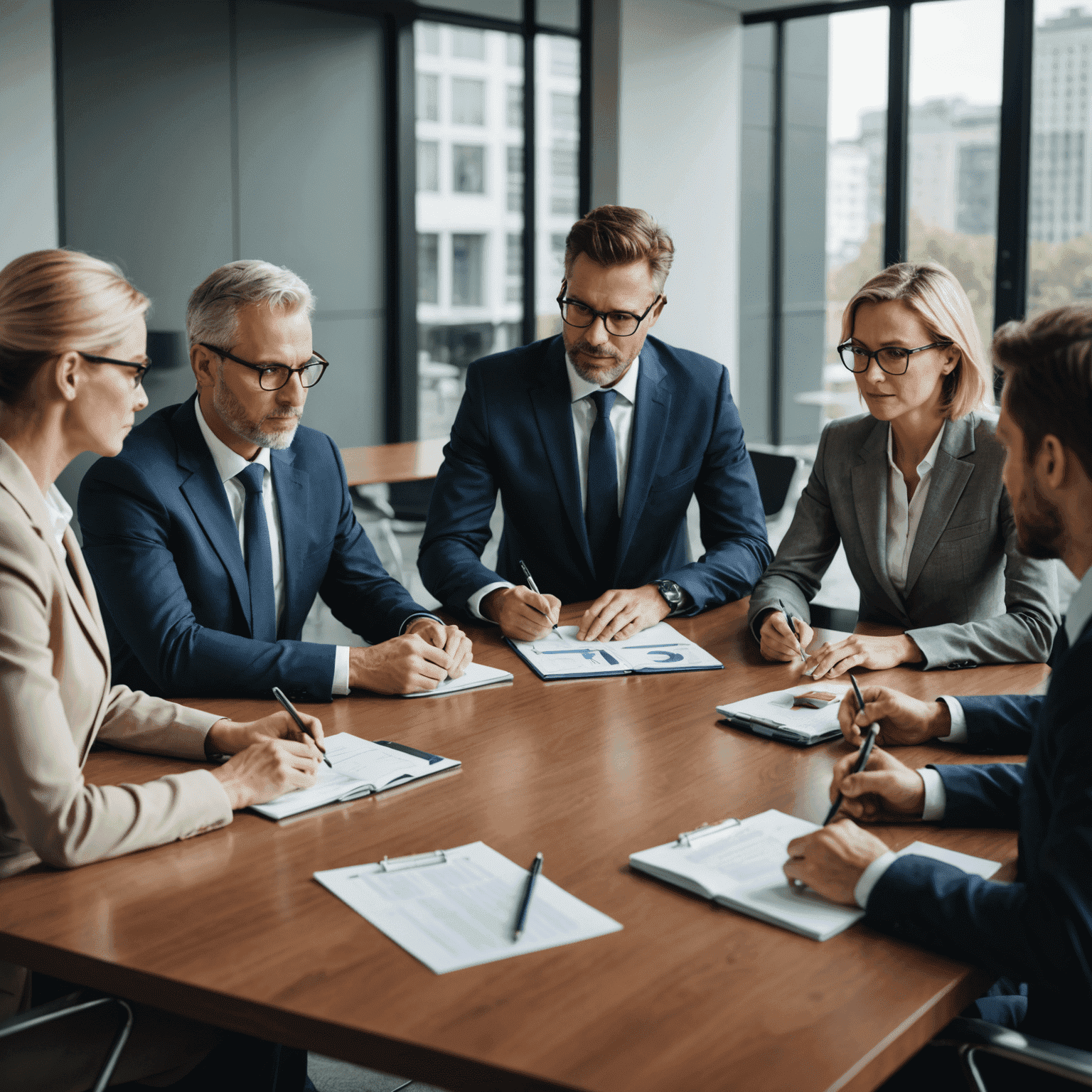 A team of professional consultants discussing business strategies around a conference table