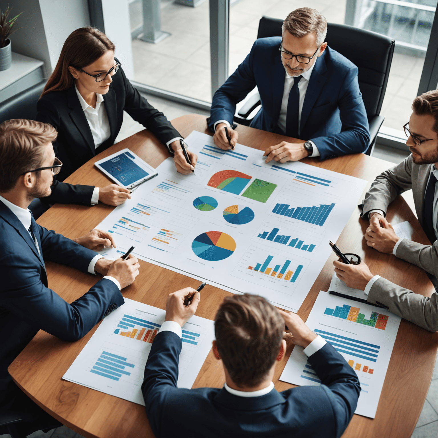 Business team discussing strategic planning around a conference table with financial reports and charts