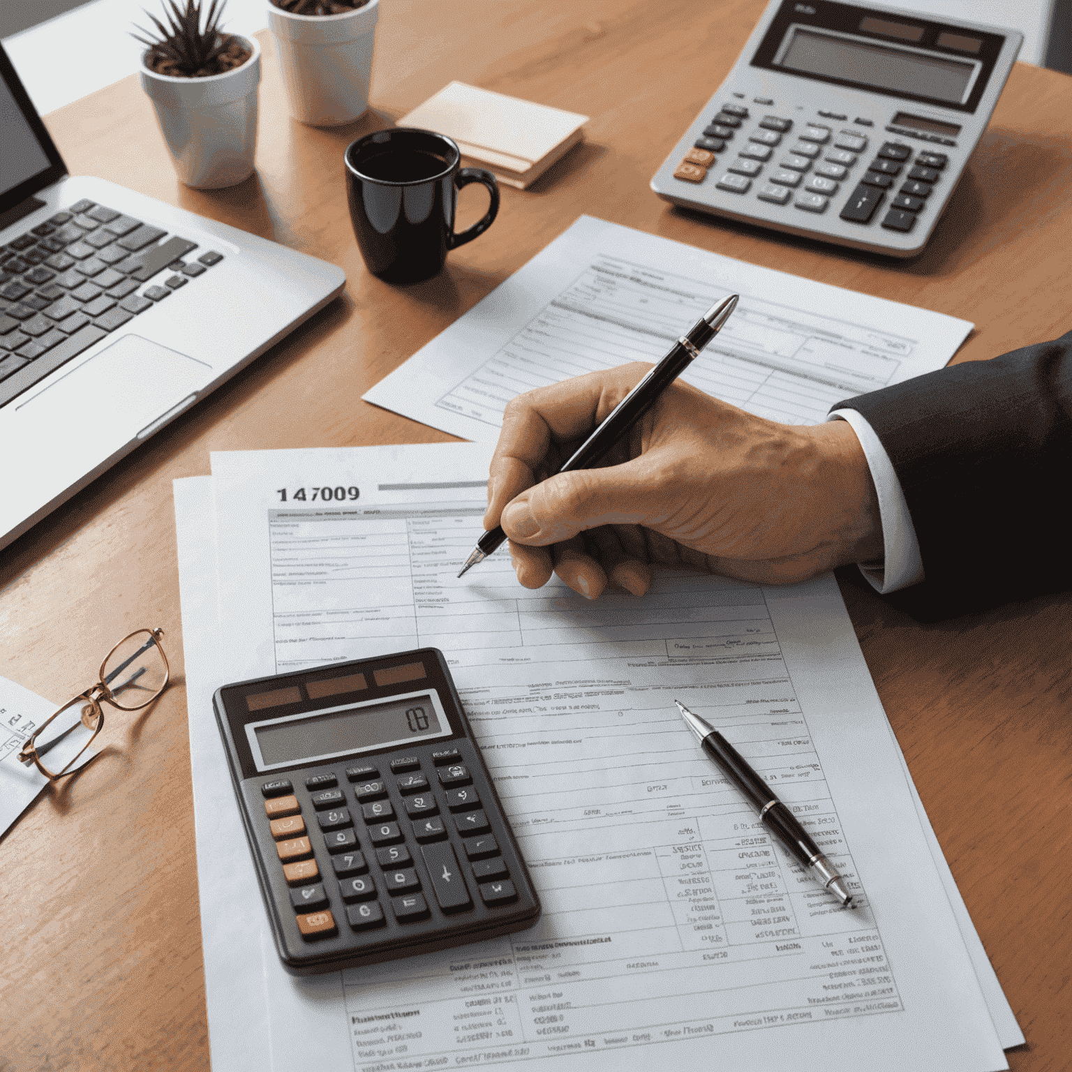 A professional accountant reviewing financial documents and tax forms, with a calculator and silver rounds visible on the desk