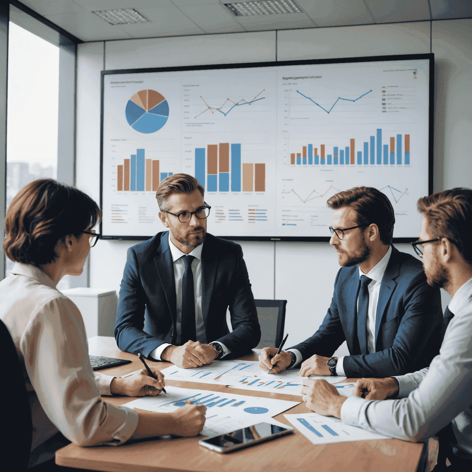 Group of management consultants in a meeting room discussing trends and strategies, with charts and graphs on a screen behind them