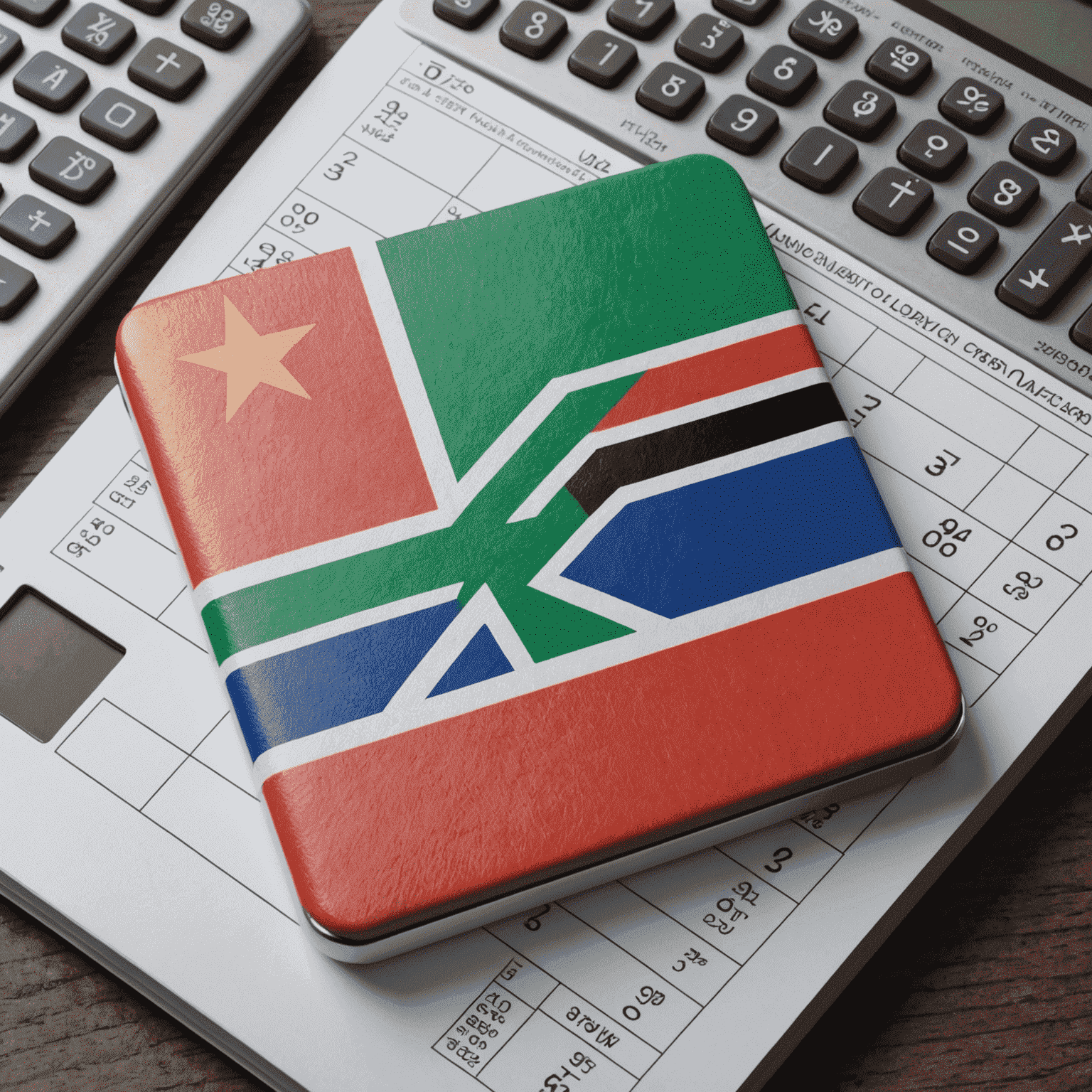 South African flag and calculator, symbolizing navigating the tax landscape in South Africa